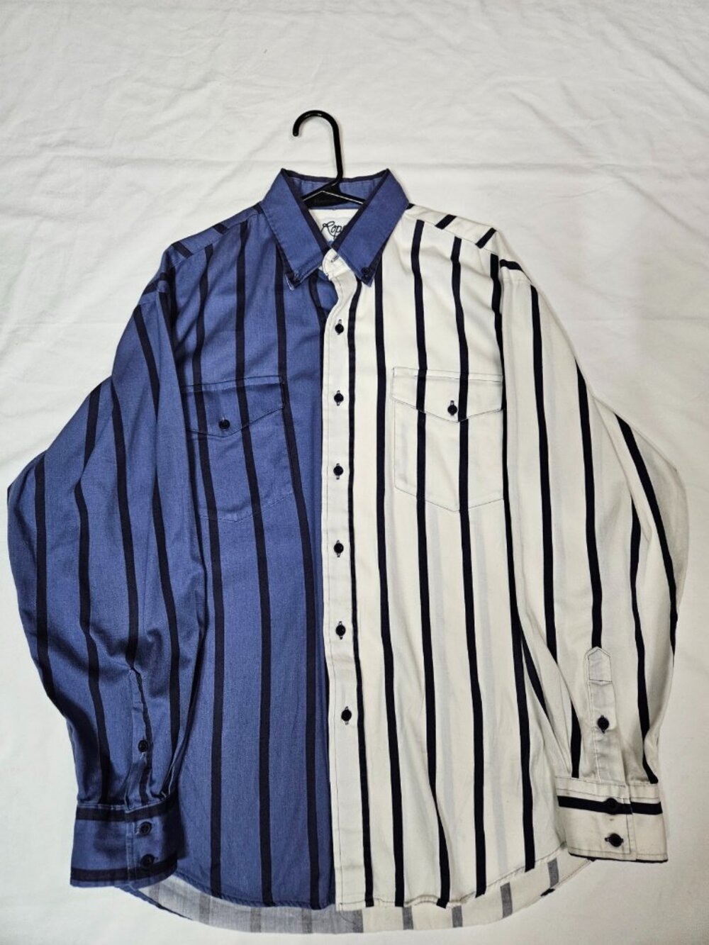 Roper Rodeo Blue Split Panel Stripe Western Shirt M 🤠 Vintage 90s Contrast
